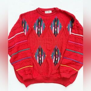 Vintage Men's St. Croix XL Red Multi-Color Geometric Sweater 3D Knit Chunky
